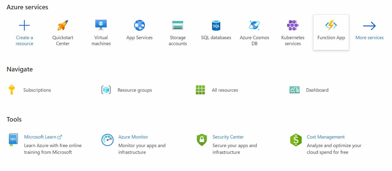 Screenshot showing the different capabilities available in the Azure Portal