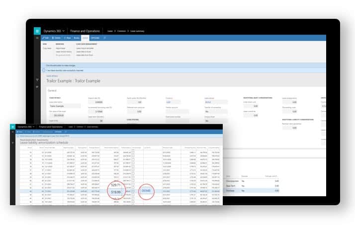 Lease liability screenshot in Dynamics 365 Finance