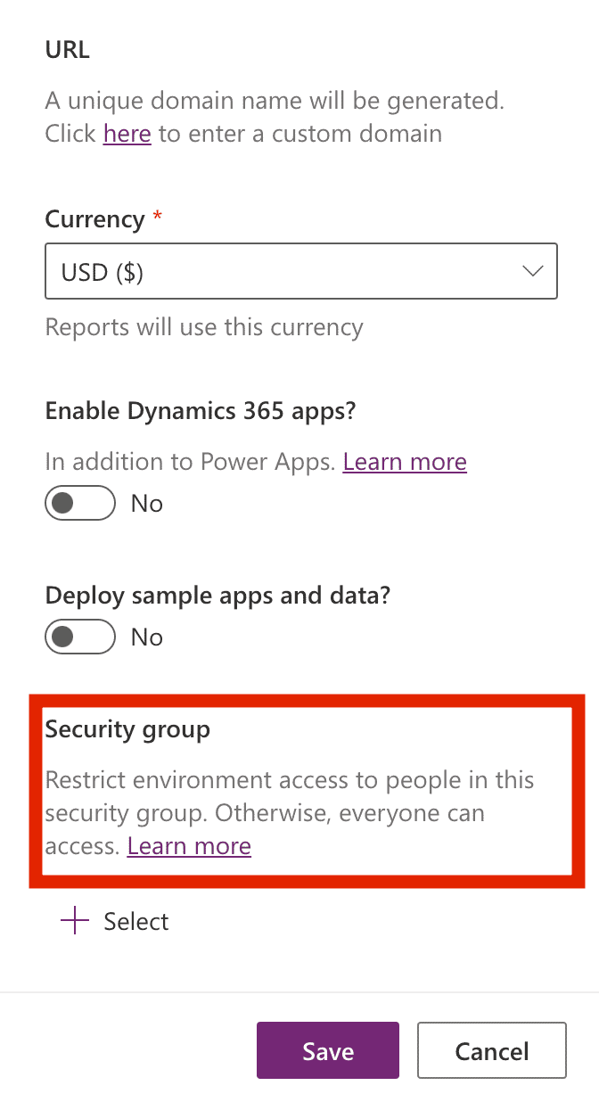 Power Platform Security Group Tied to Environment