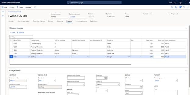 Shipping charge table in Dynamics 365
