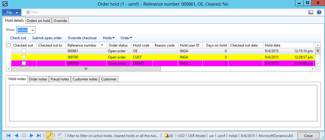 Order hold screenshoot in Dynamics AX