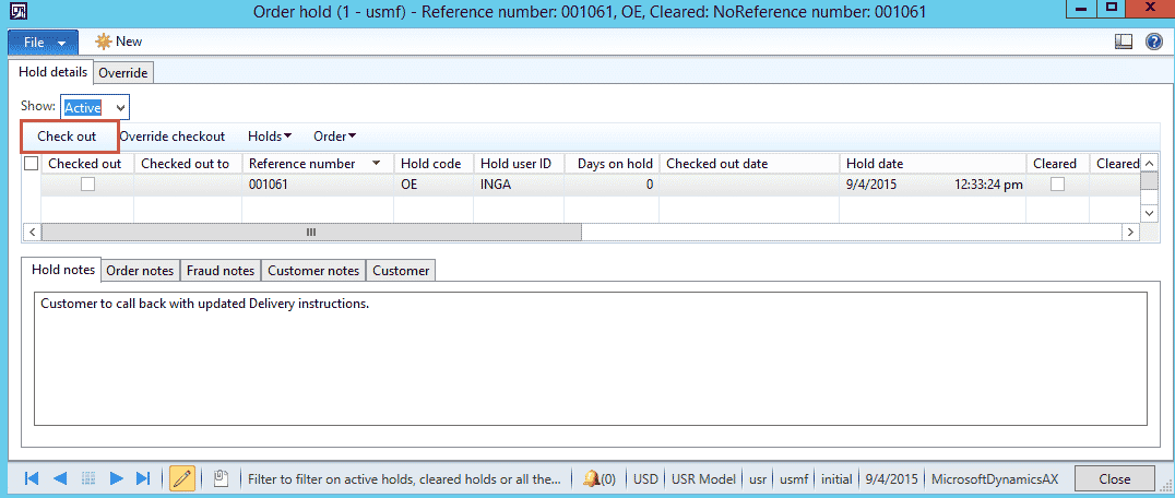 Order hold screenshoot in Dynamics AX