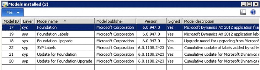 Models installed screenshot AX 2012