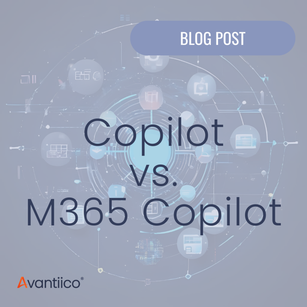 A cover image for a blog that answers the question, what’s the difference between Copilot and M365 Copilot for enterprise business use?