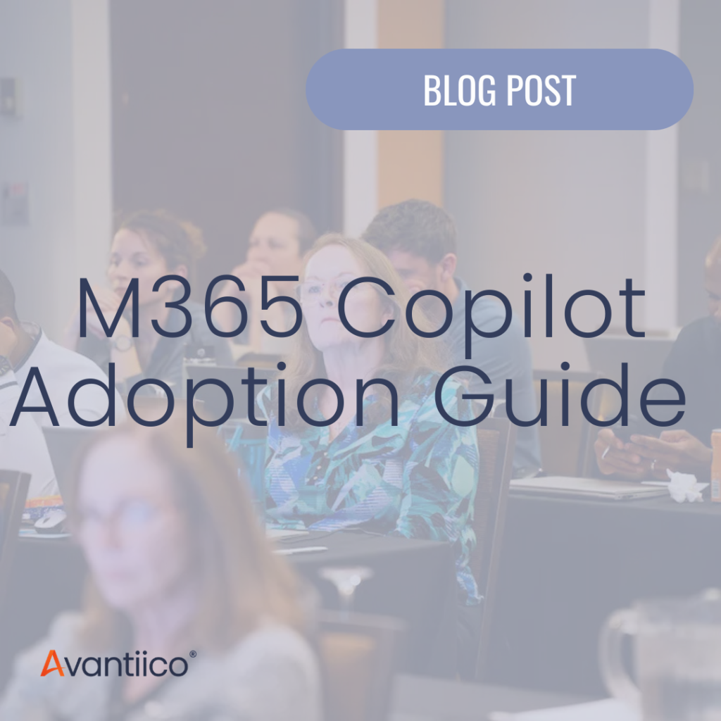 A cover image for a blog that functions as a Microsoft 365 Copilot Adoption guide - it has a picture of people during session receiving training and being fully engaged.