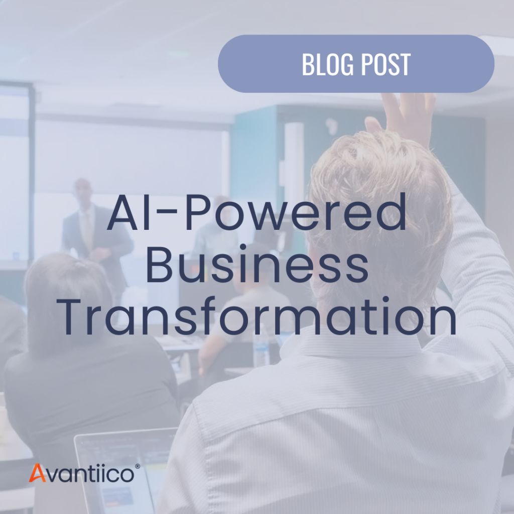 A cover letter for a blog about AI-powered business transformation with Avantiico, and on the picture is someone raising their hand during and engaged group workshop that teaches role-based use cases for Copilot usage within a business.
