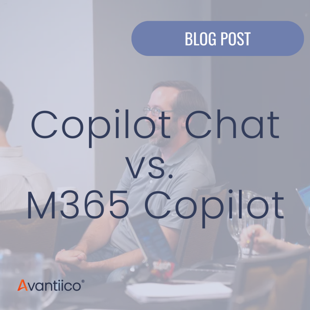 A cover image for a blog about Copilot Chat vs. M365 Copilot for business use.