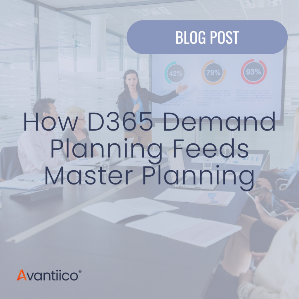 A cover image for an article titled "How D365 Demand Planning Feeds Master Planning," written for businesses running Dynamics 365 Supply Chain Management.